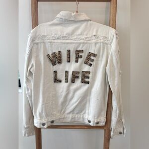 Bride White Denim Jacket with Embellished Text “wife life” by Chosen